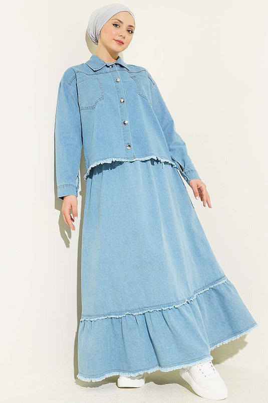 Ensemble deux pièces avec jupe en jean à détails pompons bleu clair