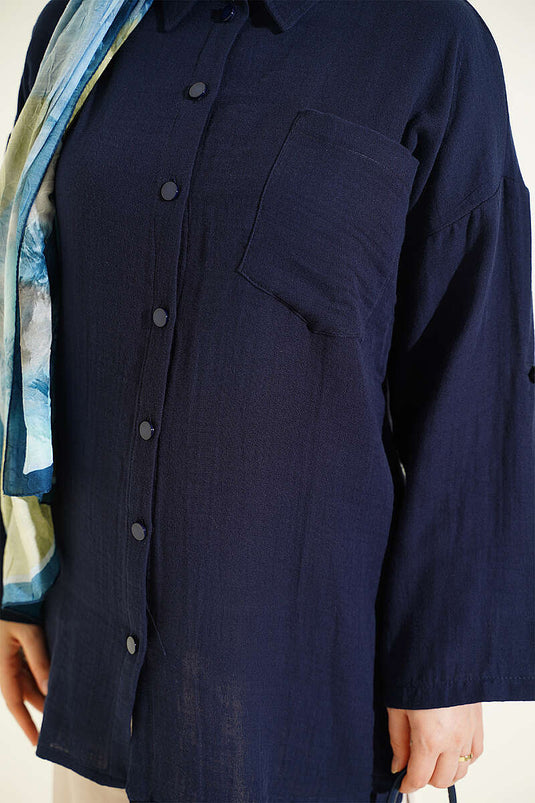 Navy Blue Muşlin Shirt With Front Pockets