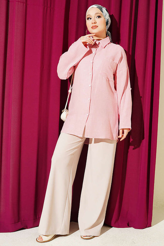 Chemise En Mousseline Rose Avec Poche Avant