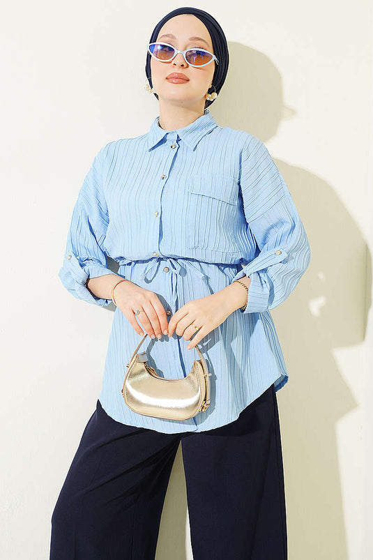 Camicia Tunica Blu Con Tasche E Cintura In Vita