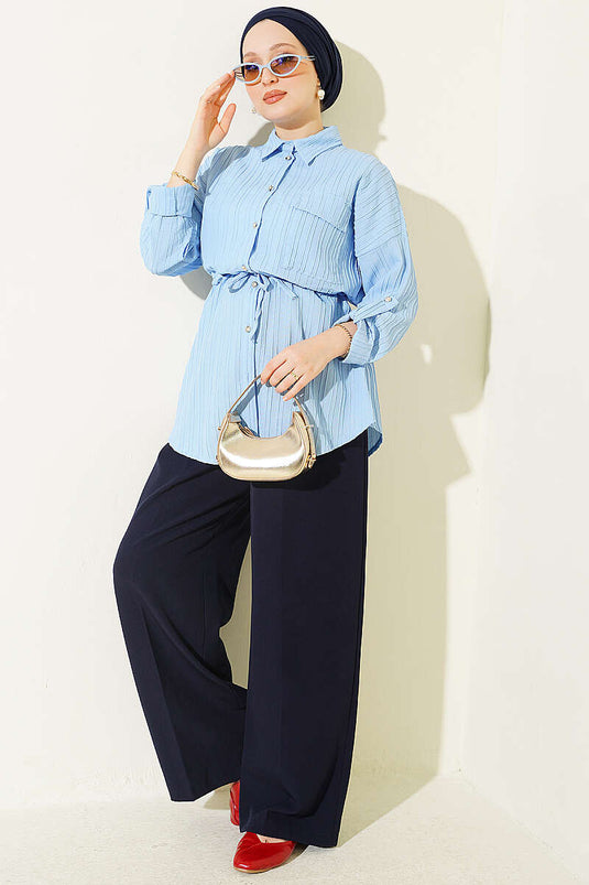 Camicia Tunica Blu Con Tasche E Cintura In Vita