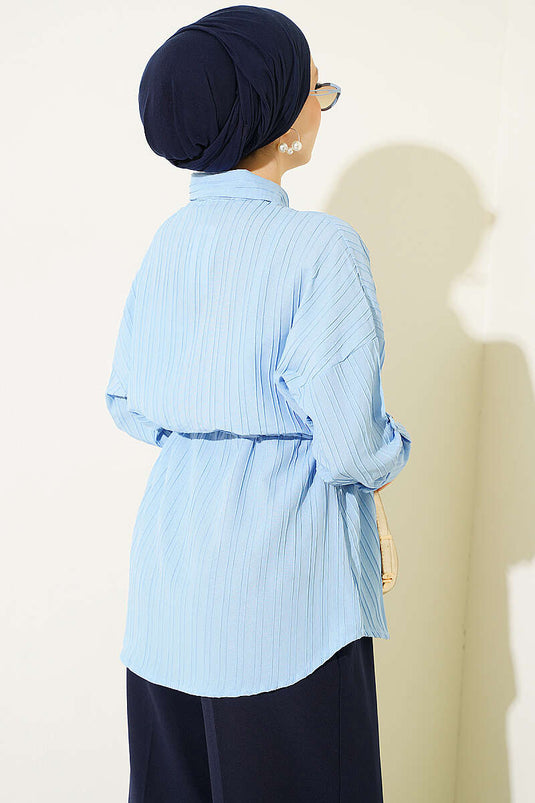 Camicia Tunica Blu Con Tasche E Cintura In Vita