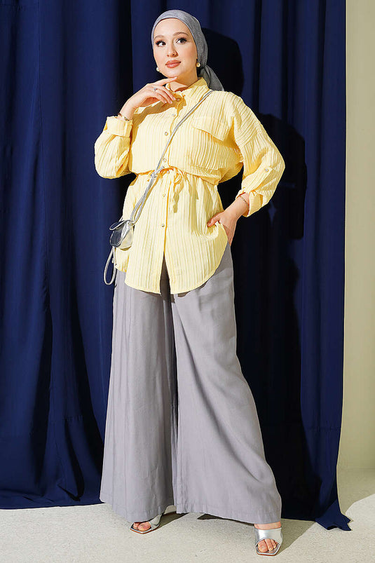 Camicia Gialla A Maniche Lunghe Con Tasche E Cintura