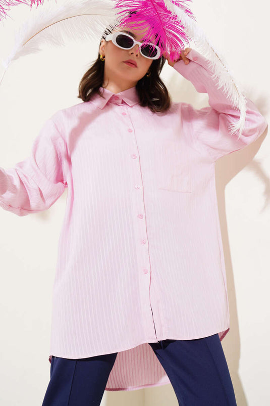 Camicia a righe rosa con tasca singola