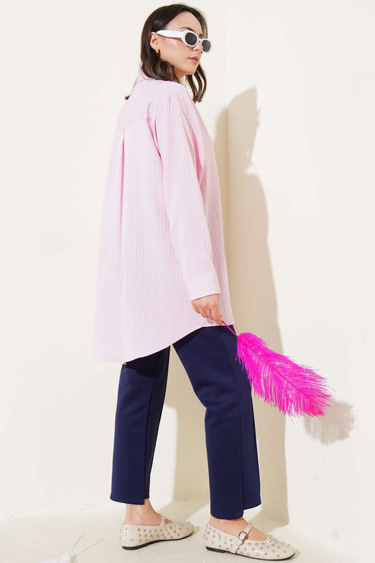 Camicia a righe rosa con tasca singola