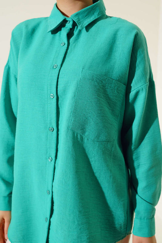 Chemise en Lin à Poche Unique Vert Forêt