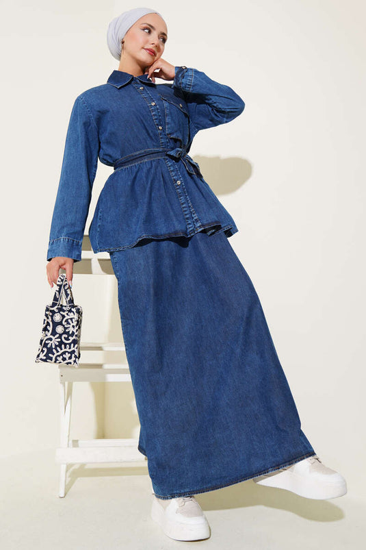 Ensemble deux pièces gilet en jean à poche unique bleu marine