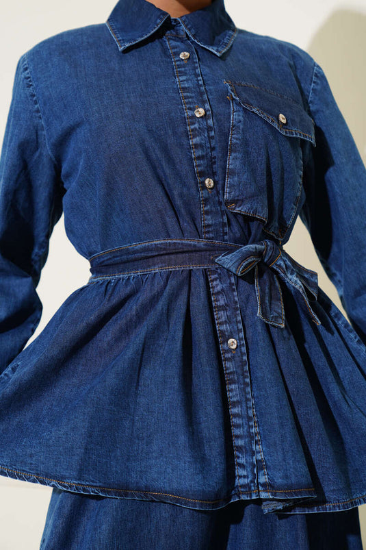 Ensemble deux pièces gilet en jean à poche unique bleu marine