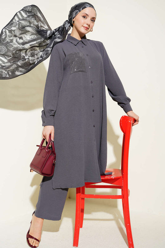 Completo doppio oversize mini con tasche e pietre, colore fumo