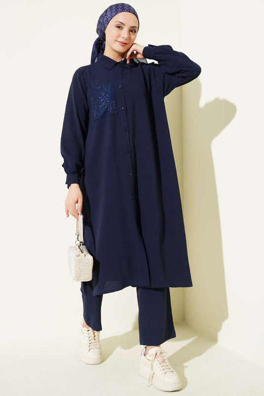 Single Pocket Mini Beaded Loose Two-Piece Set Navy Blue