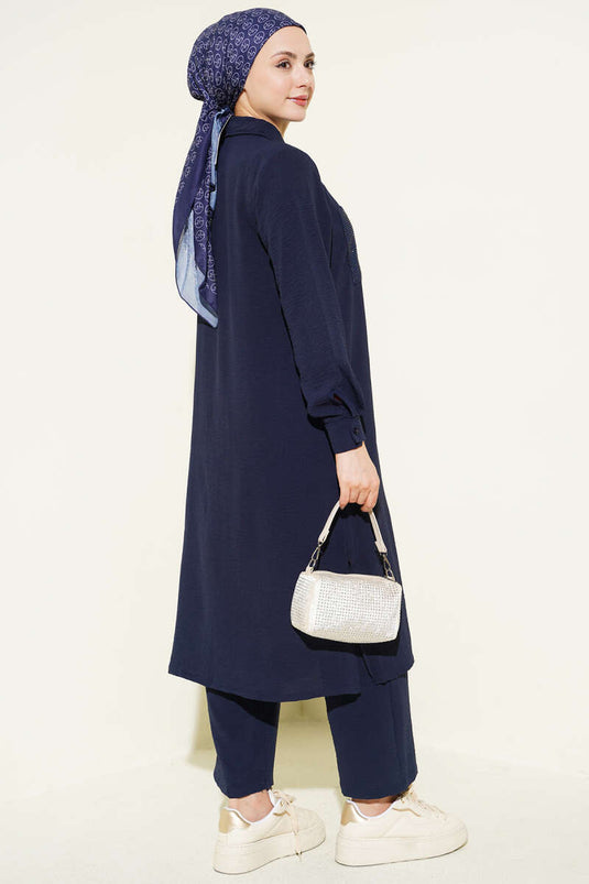Single Pocket Mini Beaded Loose Two-Piece Set Navy Blue