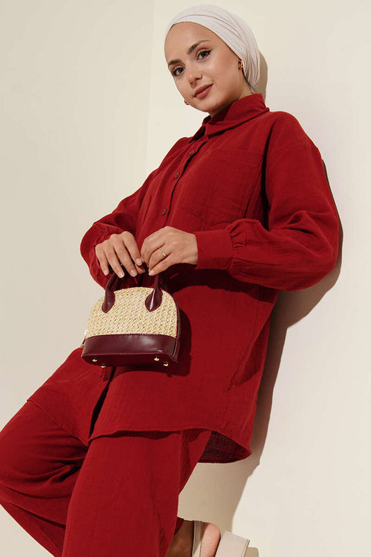 بدلة من قطعتين من الموسلين بجيب واحد - لون عنابي