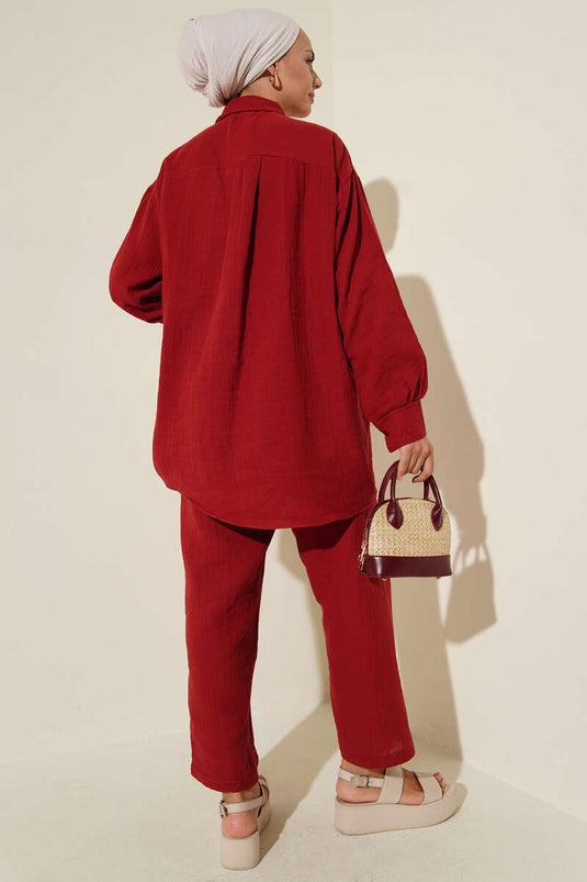 بدلة من قطعتين من الموسلين بجيب واحد - لون عنابي