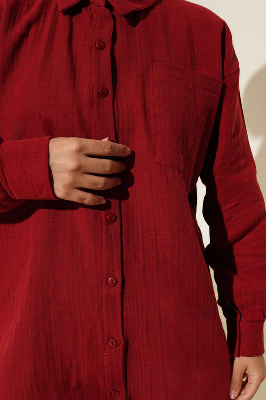 بدلة من قطعتين من الموسلين بجيب واحد - لون عنابي