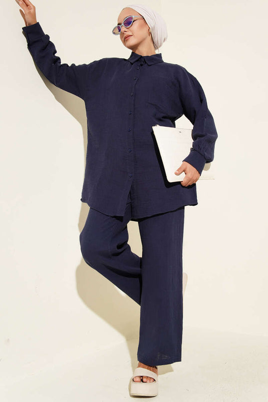 بدلة من قطعتين من الموسلين بجيب واحد، أزرق داكن