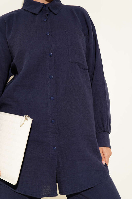 بدلة من قطعتين من الموسلين بجيب واحد، أزرق داكن
