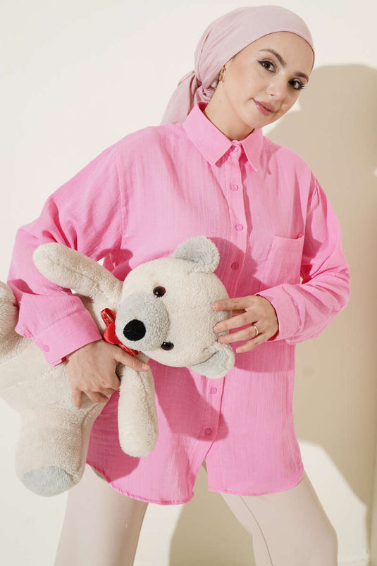 Single Pocket Loose Muslin Shirt Pink