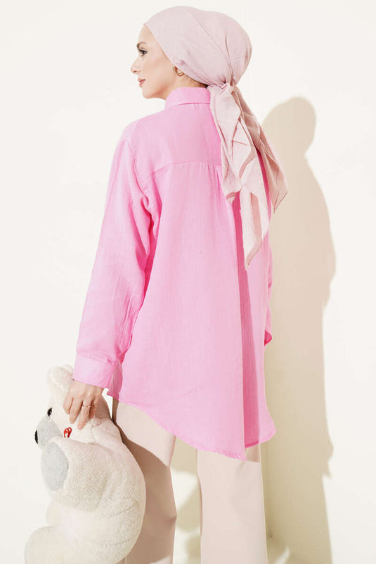 Single Pocket Loose Muslin Shirt Pink