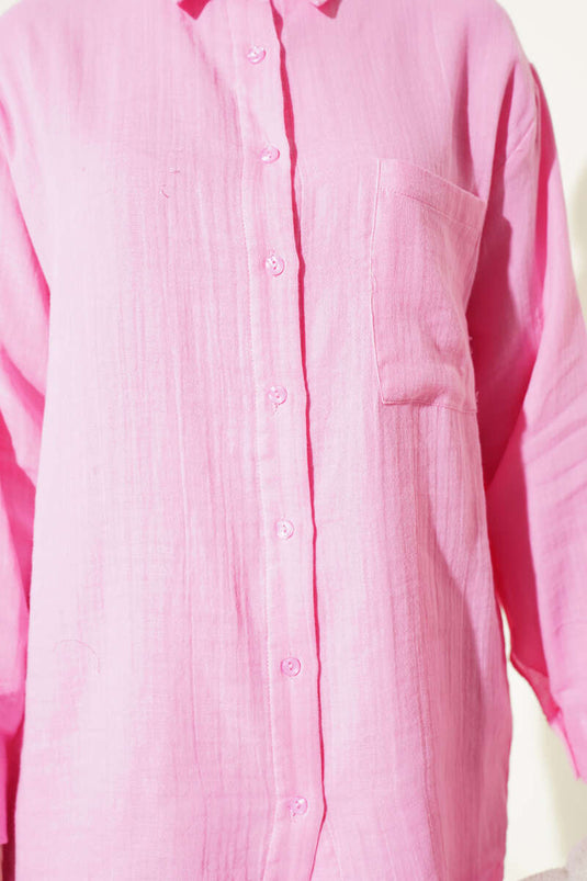 Single Pocket Loose Muslin Shirt Pink