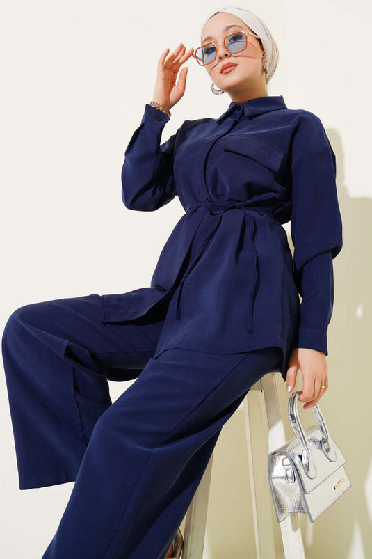 Costume deux pièces en Tencel à une poche bleu marine