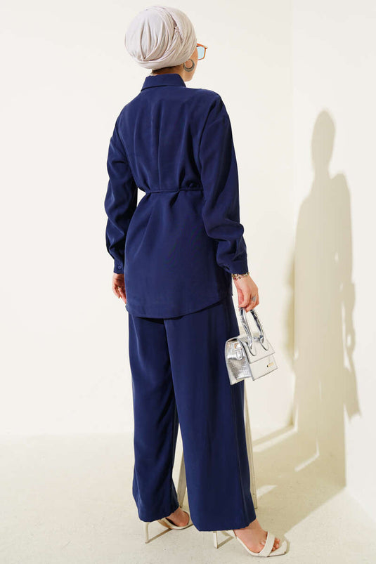 Costume deux pièces en Tencel à une poche bleu marine