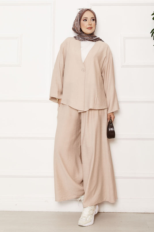 Tek Düğme Detaylı Salaş İkili Takım Bej