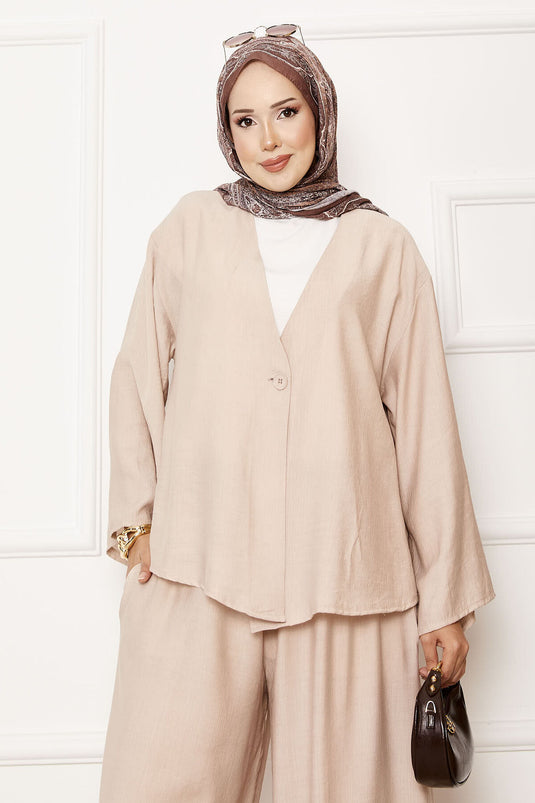 Costume deux pièces décontracté à un seul bouton beige