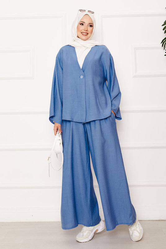 Costume deux pièces décontracté à bouton unique bleu