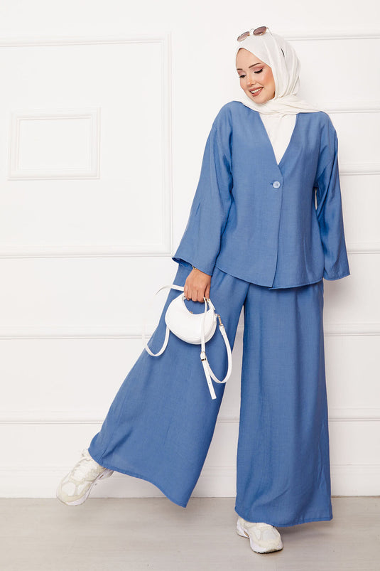 Completo casual a due pezzi con bottone singolo, blu