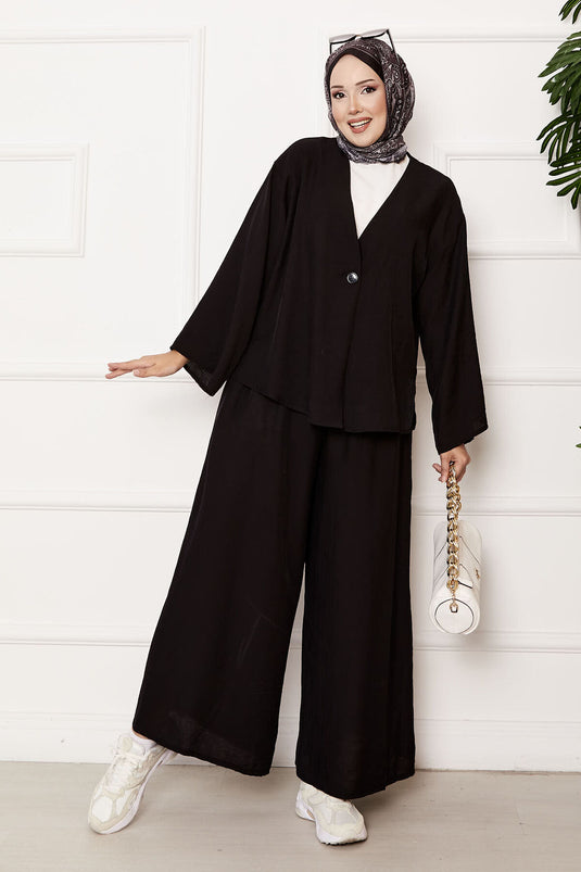 Costume deux pièces décontracté à bouton unique, noir