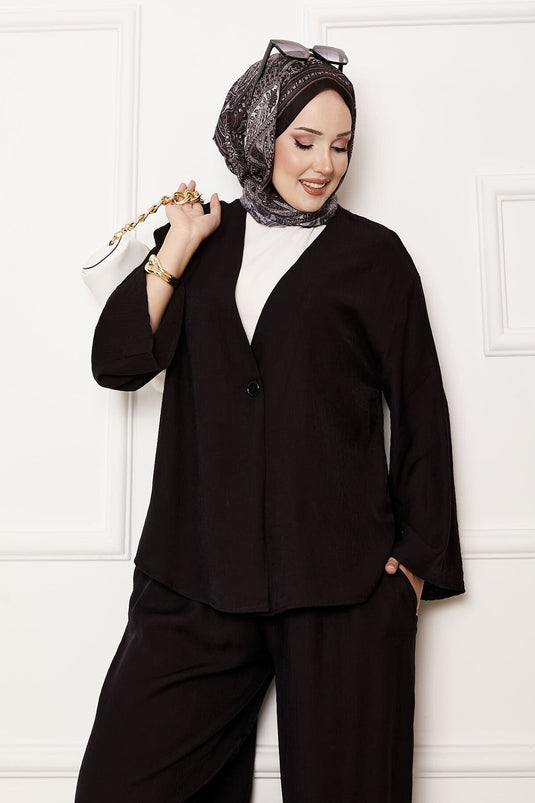 Costume deux pièces décontracté à bouton unique, noir