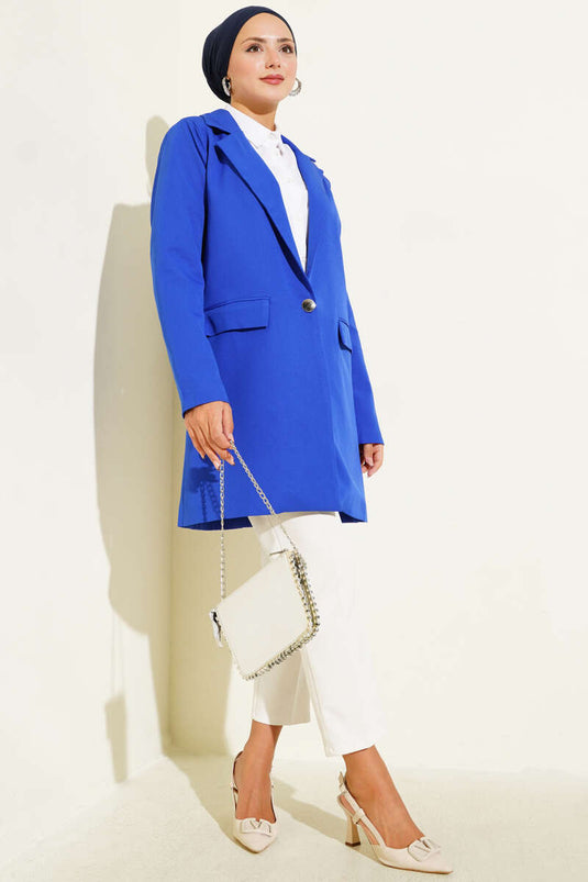 Tek Düğmeli Blazer Ceket Saks