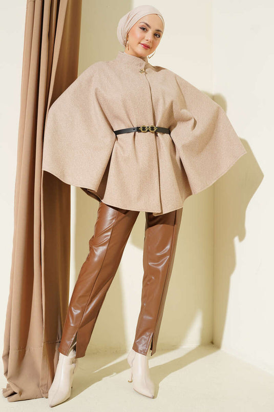 Poncho en cachemire beige à ceinture et bouton unique