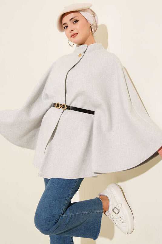 Tek Düğmeli Kemerli Kaşe Panço Gri