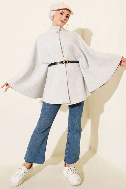 Single Button Belted Cashmere Poncho Gray
