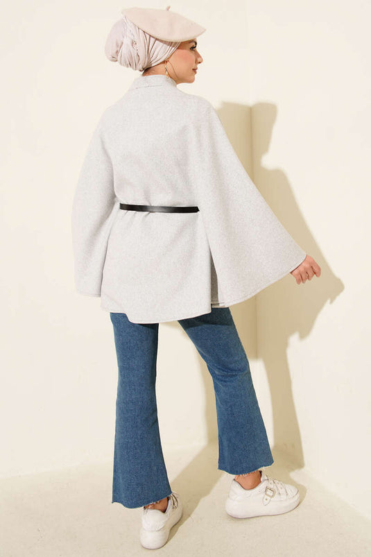 Single Button Belted Cashmere Poncho Gray
