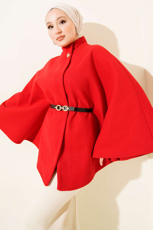 Tek Düğmeli Kemerli Kaşe Panço Kırmızı