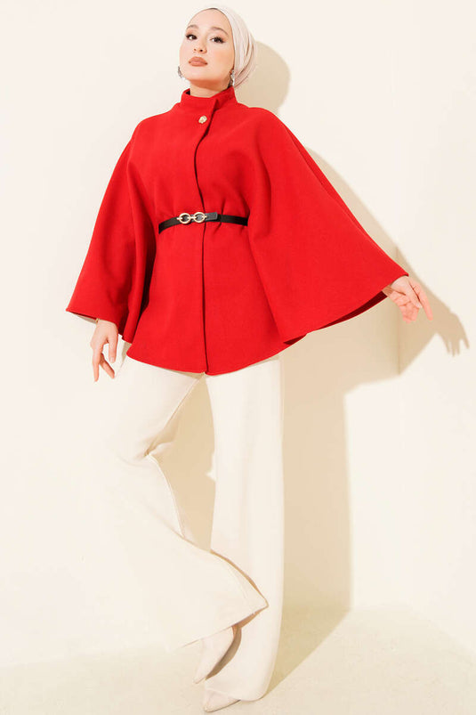 Single Button Belted Cashmere Poncho Red