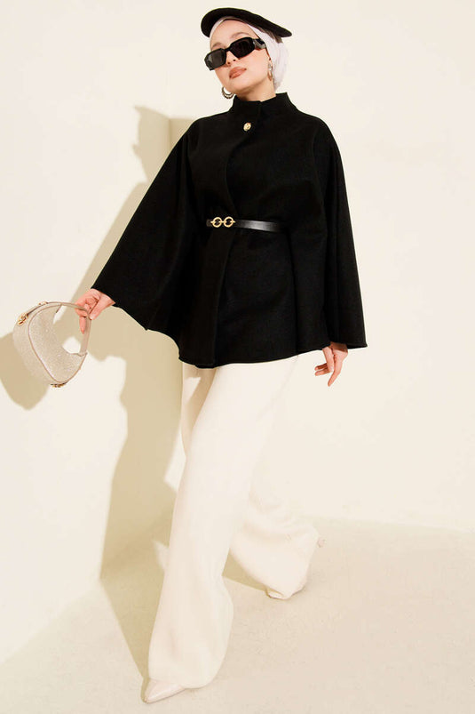 Poncho en cachemire noir à ceinture et bouton unique