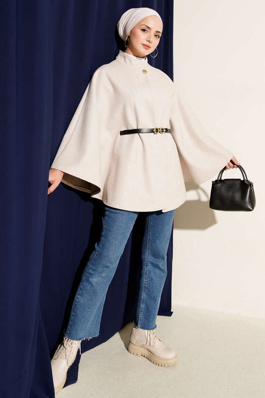 Single Button Belted Cashmere Poncho Stone