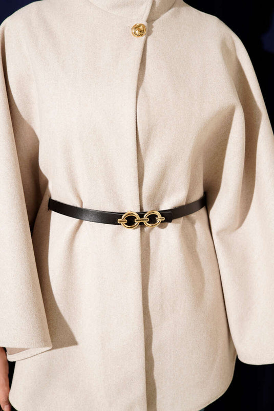 Single Button Belted Cashmere Poncho Stone