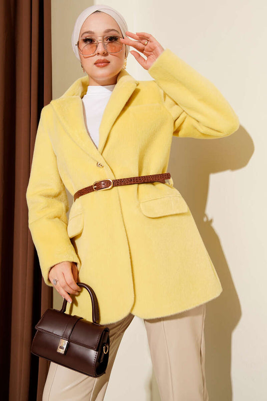 Tek Düğmeli Kemerli Sakallı Ceket Sarı