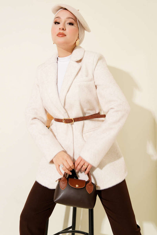 جاكيت ذو زر واحد مع حزام وتصميم ملتحٍ - حجر