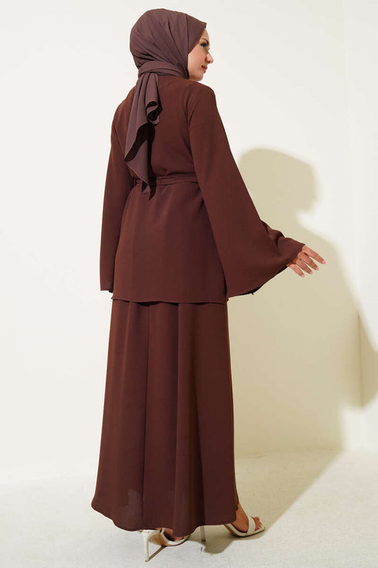 Tek Düğmeli Kuşaklı Dabıl İkili Takım Acı Kahve