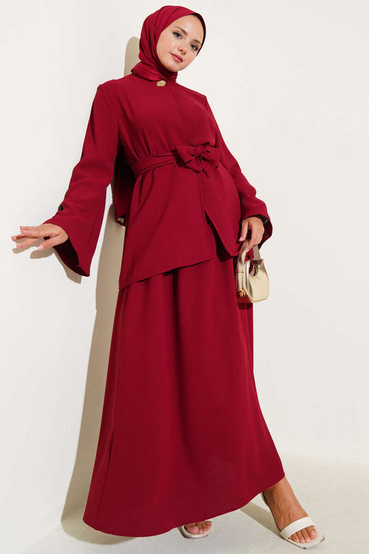 Single-Button Belted Double Breasted Suit in Burgundy