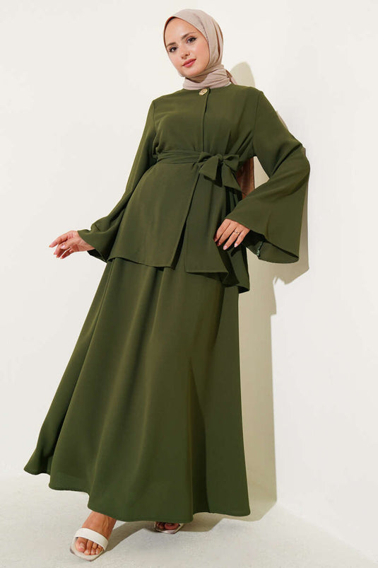 Single-Button Belted Double Breasted Suit Khaki