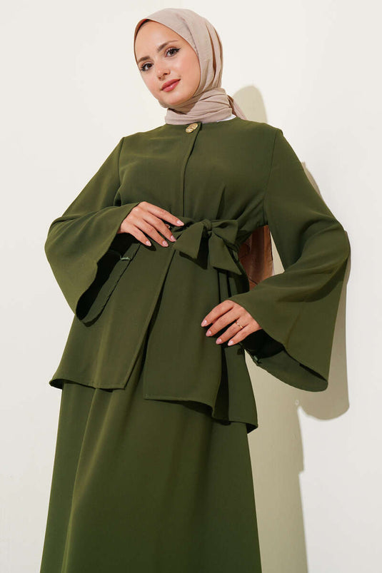 Single-Button Belted Double Breasted Suit Khaki