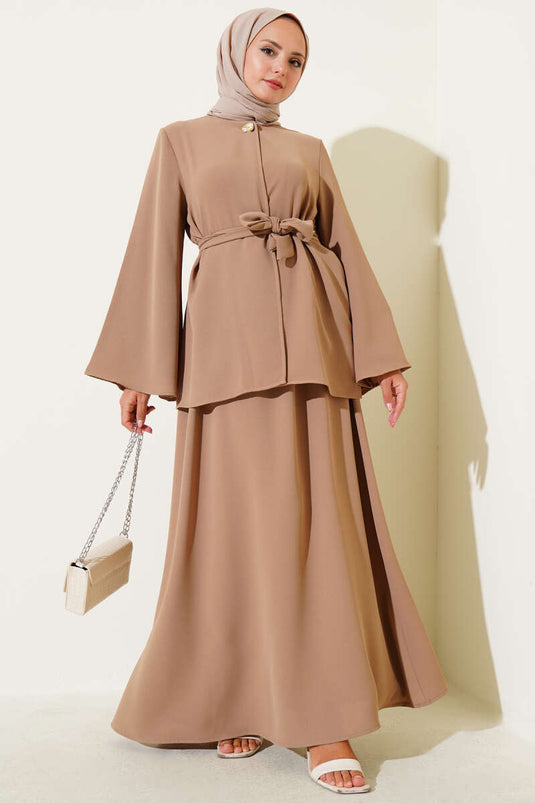 Single-Button Belted Double Breasted Suit Latte