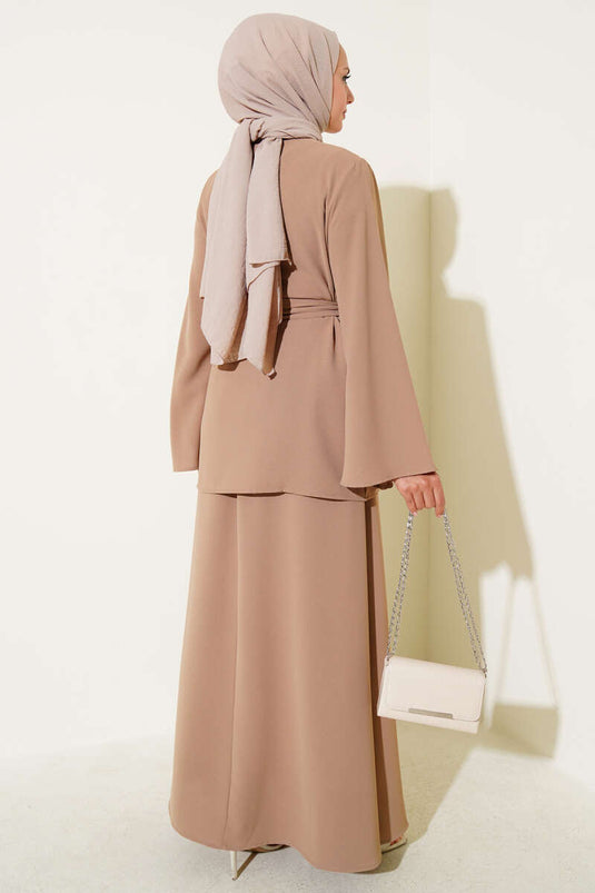 Single-Button Belted Double Breasted Suit Latte