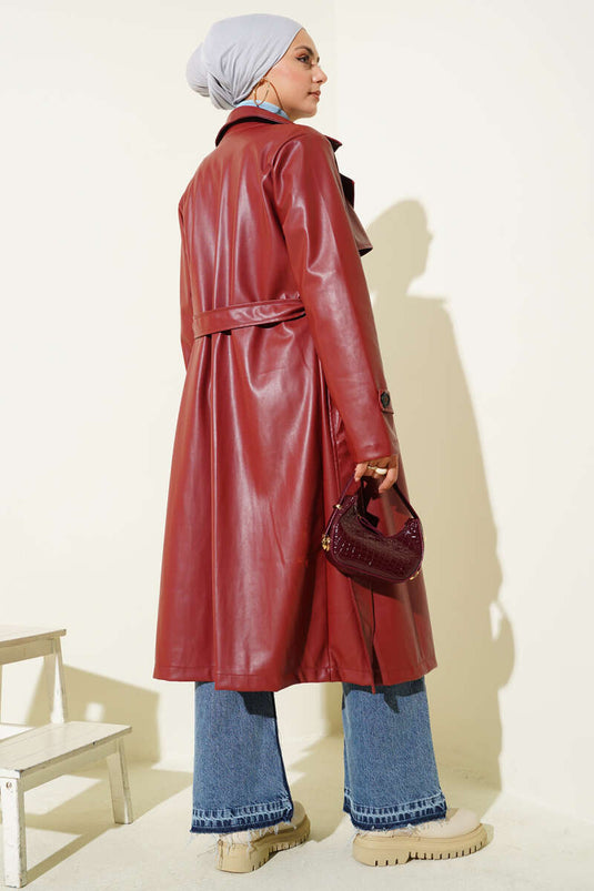Burgundy Leather Trench Coat with Single Button and Belt